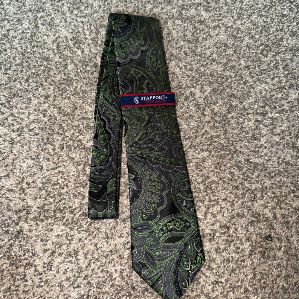 Stafford Performance Mens Silk Tie Green Grey Black Paisley Hand Made Necktie